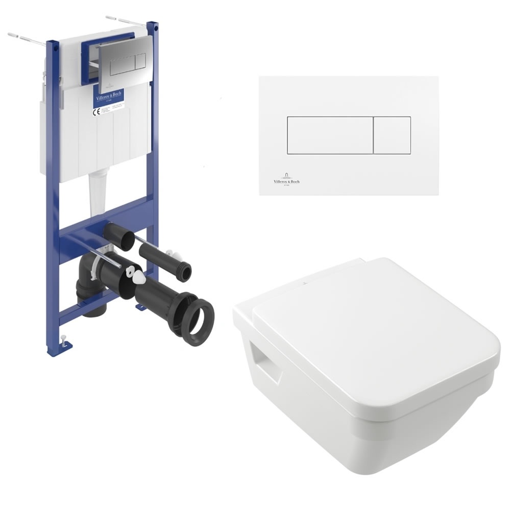 Cutout image of Villeroy & Boch Architectura Square Wall-Hung Toilet, Concealed Cistern Frame & White Flush Plate